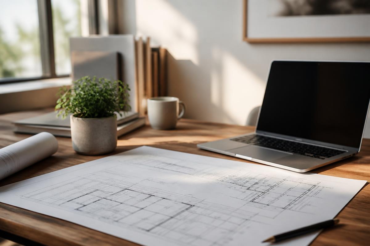 A modern desk with architectural plans and a laptop, representing thoughtful business development and planning.